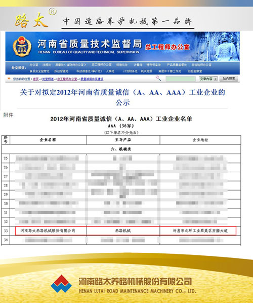 河南路太機(jī)械喜獲“2012年河南省質(zhì)量誠信AAA工業(yè)企業(yè)”稱號(hào)